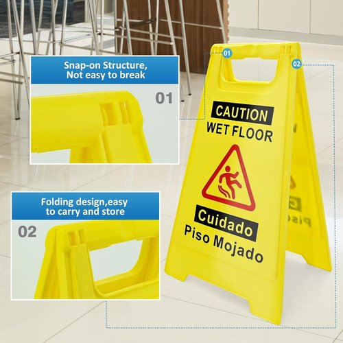 4-Pack Caution Wet Floor Sign - Bright Yellow Double-Sided A-Frame | 17.5" Height, Bilingual Message