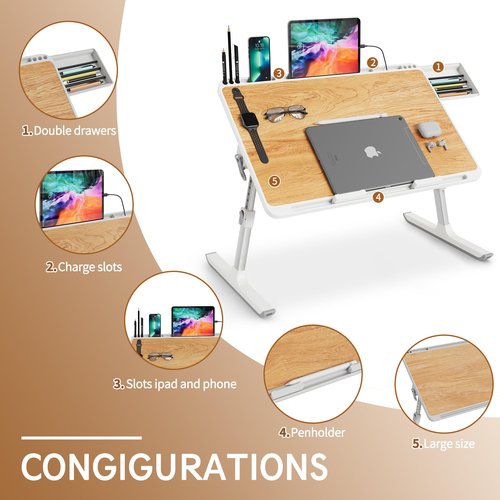 Monomi Laptop Desk for Bed, Height & Angle Adjustable Laptop Stand for Bed,X-Large Folding Portable Lap Desks Trays with Storage Drawers, Lap Table for Eating, Working, Writing and Drawing