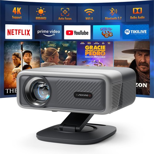 [Netflix Officially&AI Auto Focus]AuKing Smart Projector with Wifi,Bluetooth,Auto Focus&Keystone Projector 4Ksupport,3DDoIby Audio, 1200ANSI Outdoor Projector with Omnidirectional Rotating Stand Grey