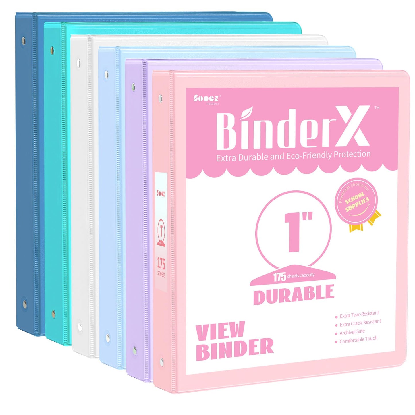 6 Pack 3 Ring Extra Durable Binders 1 inch, Sooez 1” Three Round Ring Binders with Pockets, Cute Customizable Clear View Cover for 8.5 x 11 Letter Size Papers, Pastels School Office Supplies for Girl