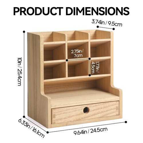 KIRIGEN Wood Desk Pen Holder Organzier with Drawer Multi Functional Pens Storage Organizer with 9 Compartments for Home, Office and Desk Accessories BJH9G-NA