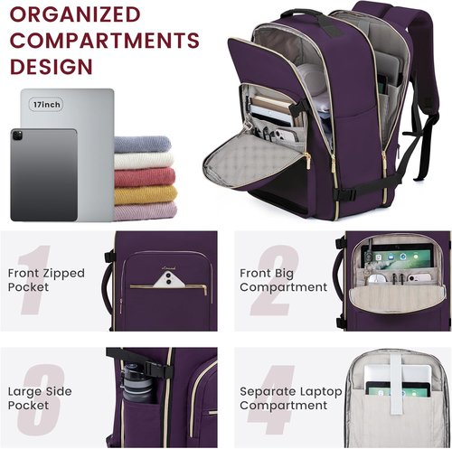 LOVEVOOK 40L Large Travel Backpack - Airline Approved Carry-On for Men & Women | Purple-Black
