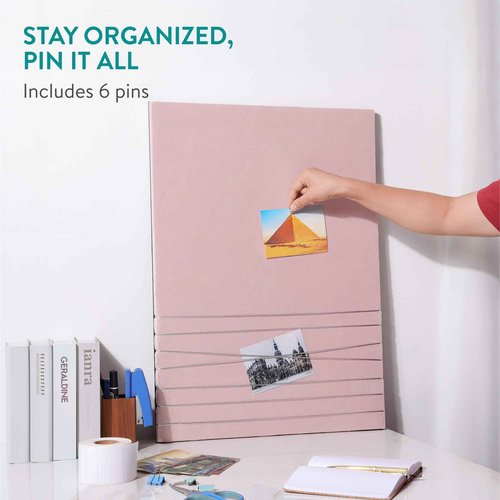 Navaris Fabric Memo Bulletin Board - 20" x 28" Velvet Memory Board for Wall to Display Photo Collages, Pictures, Notes - Includes 6 Push Pins - Pink