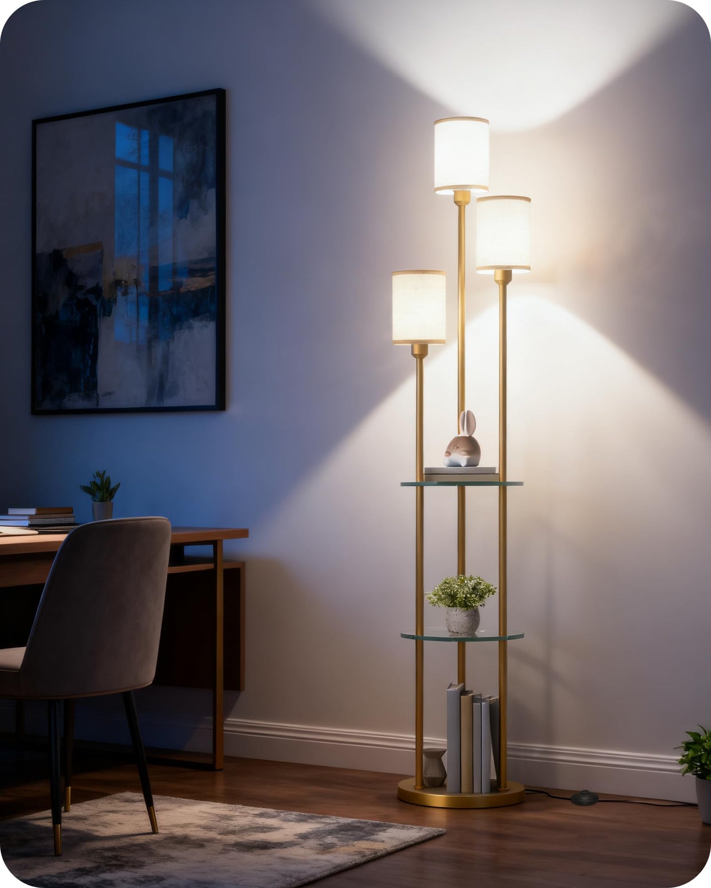 GOEBLESON Floor Lamp with Shelves, Modern Floor Lamp with 3 Linen Shades and Foot Switch, 3-Light Standing Lamp, for Living Room, Bedroom, Study, Office, Gold and Beige ED53LD05
