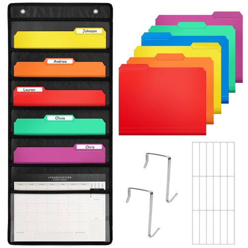 D-FantiX Wall Hanging File Organizer with 6 Folder, Storage Pocket Chart with 6 Name Tag, Classroom Must Have Paper Organizer for Teacher, Over The Door File Organizer for School Mailbox Home Office