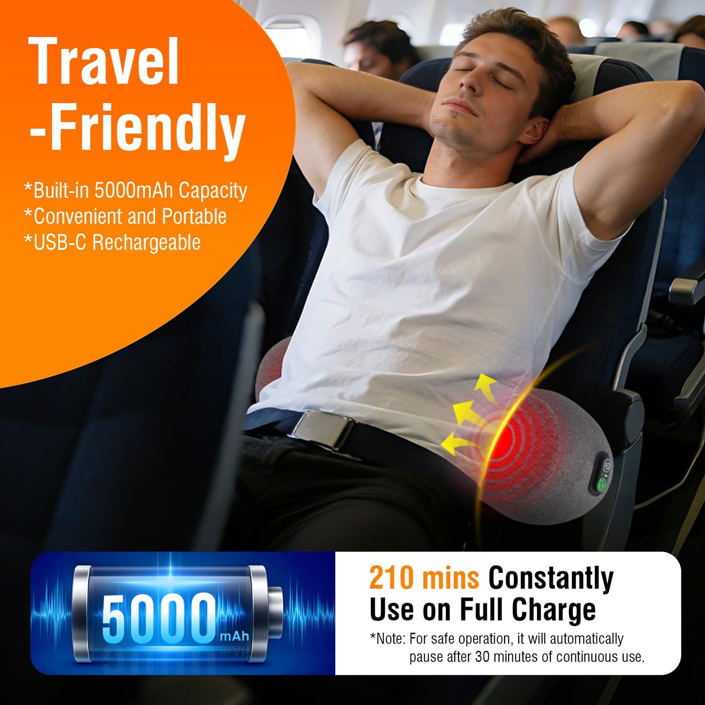USUIE 3-in-1 Rechargeable Electric Lumbar Support Pillow with Heat & Massage & Traction, Ergonomic Lower Back Massager for Pain Relief Deep Tissue, Ideal for Car/Bed/Sleeping/Office Chair/Travel