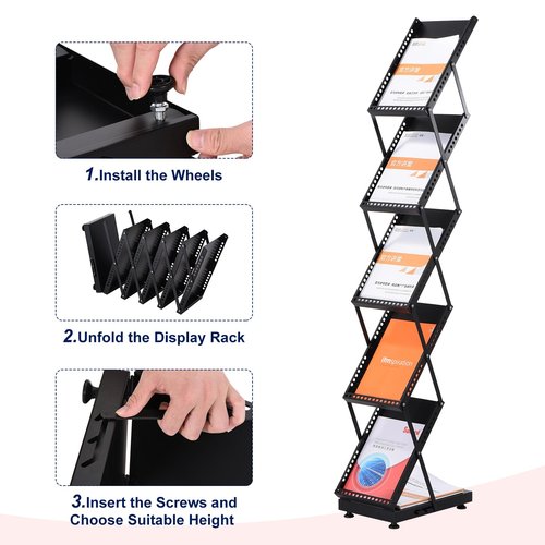 PATIKIL Foldable Magazine Display Racks Floor Standing 5 Layers Brochure Stand Catalog Literature Holder with Wheels for Hotel, Exhibition, Trade Show, Office
