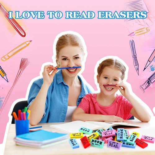 Dunzoom 300 Pcs Inspirational Erasers for Kids Back to School Gifts I Love to Read Small Colorful Pencil Erasers for Students Classroom Cute Motivational Gift for Drawing School Office Supplies