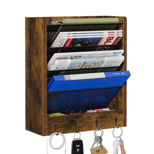 VYUOL Wall File Organizer with 4 Hooks,5 Tier Vertical Hanging Wall Mount File Holder,Desk File Organizer,Desktop Mail Paper Folder Holder Rack with Bottom Tray for Office and Home