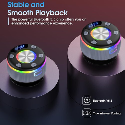Bluetooth Shower Speaker, IP7 Waterproof Portable Bluetooth 5.3 Speakers with Suction Cup, Mini Wireless Speaker with RGB Lights Time Display, Loud Stereo Sound for Bathroom Beach Outdoor Party, Gray