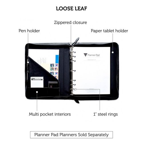 Planner Pad 7 Ring Loose Leaf Executive Size Cover, Fits 8 1/2” x 11” Size Planner Pages, Black Faux Leather