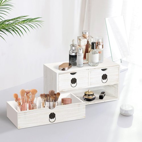SeekElegant Wood Desk Organizer with Drawer, White Wooden Desktop Organizer, Tabletop Storage Organization Box for Countertop, Home Office Supplies (3 Drawer)