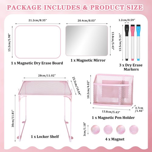 AKONEGE 11 PCS Locker Accessories Kit Pink Locker Organizer Decorations Supplies Includes Folding Shelf, Magnetic Mirror & Whiteboard, Pen Holder, Dry Erase Markers, Magnets, Back to School Essentials