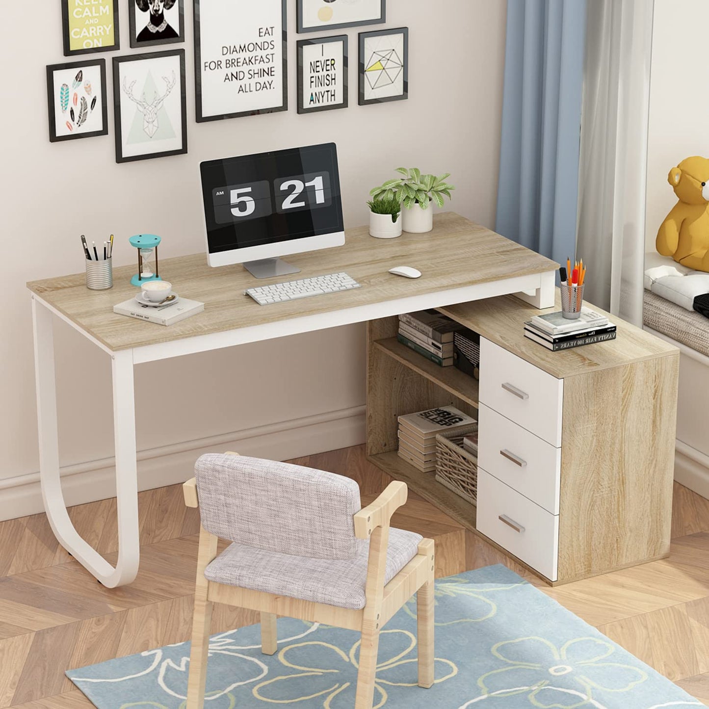 Homsee Home Office Computer Desk Corner Desk with 3 Drawers and 2 Shelves, 54 Inch Large L-Shaped Study Writing Table with Storage Cabinet - Walnut and White