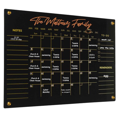 Black Acrylic Calendar Dry Erase for Wall, Family Planner, Monthly Calendar Dry Erase Whiteboard for Home, Office, 24" x 16"Reusable White Board（(Acrylic-BK-4060)