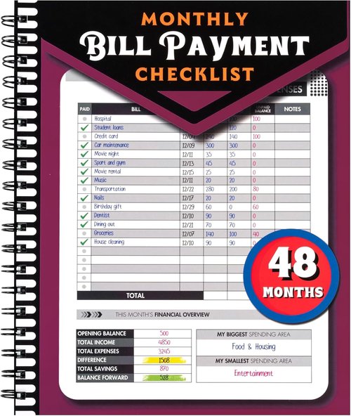 Regine Switzerland Monthly Bill Payment Checklist - Bill Tracker Notebook with Spiral Binding | 8"x10" Size, 960 Records Included (Plum)