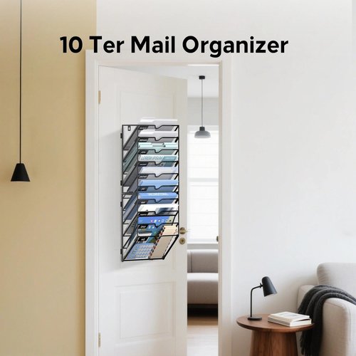 JMHUD 10 Tier Wall File Organizer Office Hanging Mail Holder Wall Mounted, Mesh Paper Document Organizer for Office Home School, Black