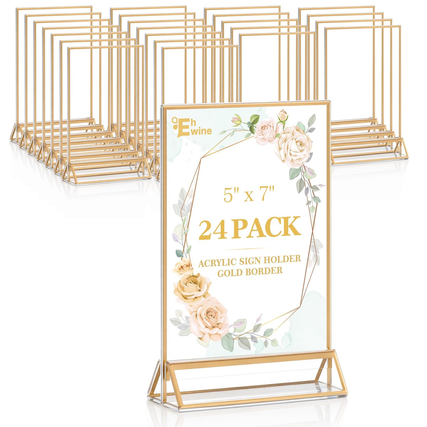 EHWINE 24 Pack Acrylic Sign Holder 5 x 7, Double Sided Gold Picture Frame Stand up Table Top Sign Holders, Clear Display Stand Menu Flyer Holder for Wedding Party