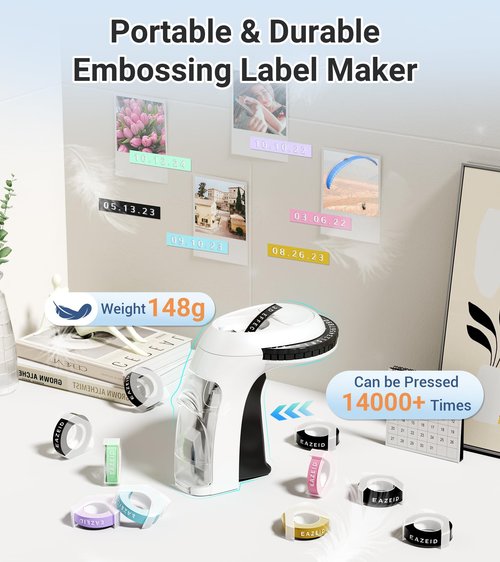 Embossing Label Maker Machine with-Tape, Vintage Embossed Label Maker Manual, Retro 3D Black Emboss Labeler with 10 Rolls 9mm Macaroon Embossing Label Tapes for Home Kitchen School Kids