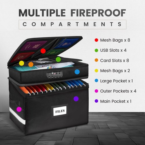 Fireproof Document Box with Lock-2 Layer File Cabinet Storage Bag with Multiple Pockets, Water-Resistant File Box with Reflective Strip-Document Organizer for Hanging Letter/Legal Folders, Certificate