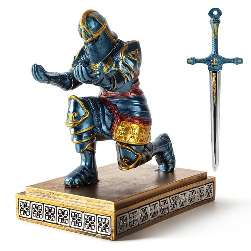 MACLARONX Kneeling Knight Pen Holder with Sword Medieval Warrior Fancy Pencil Stand for Office Desk Home Decor for Men Father Husband Armor Soldier Statue