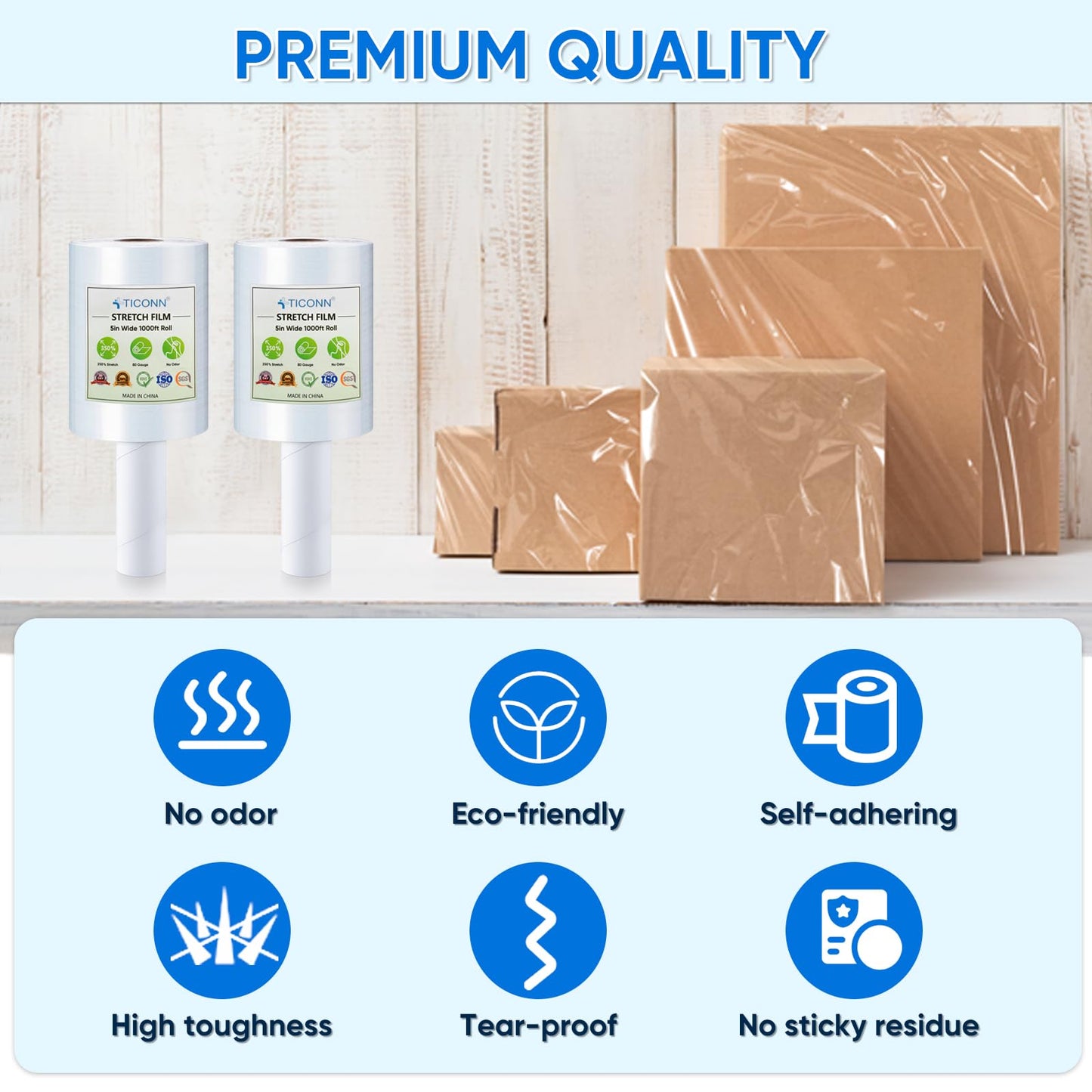 TICONN Stretch Wrap Stretch Film Roll, 1000ft Industrial Strength 5 inch Wide Clear Plastic Wrap with Handles for Pallet Wrapping Shipping Moving