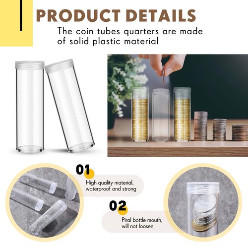 Roowest 30 Pieces Coin Storage Tube Penny Coin Tube Plastic Round Clear Penny Holder Container Organizer with Screw on Lid for Collection Supplies Bank Rolls