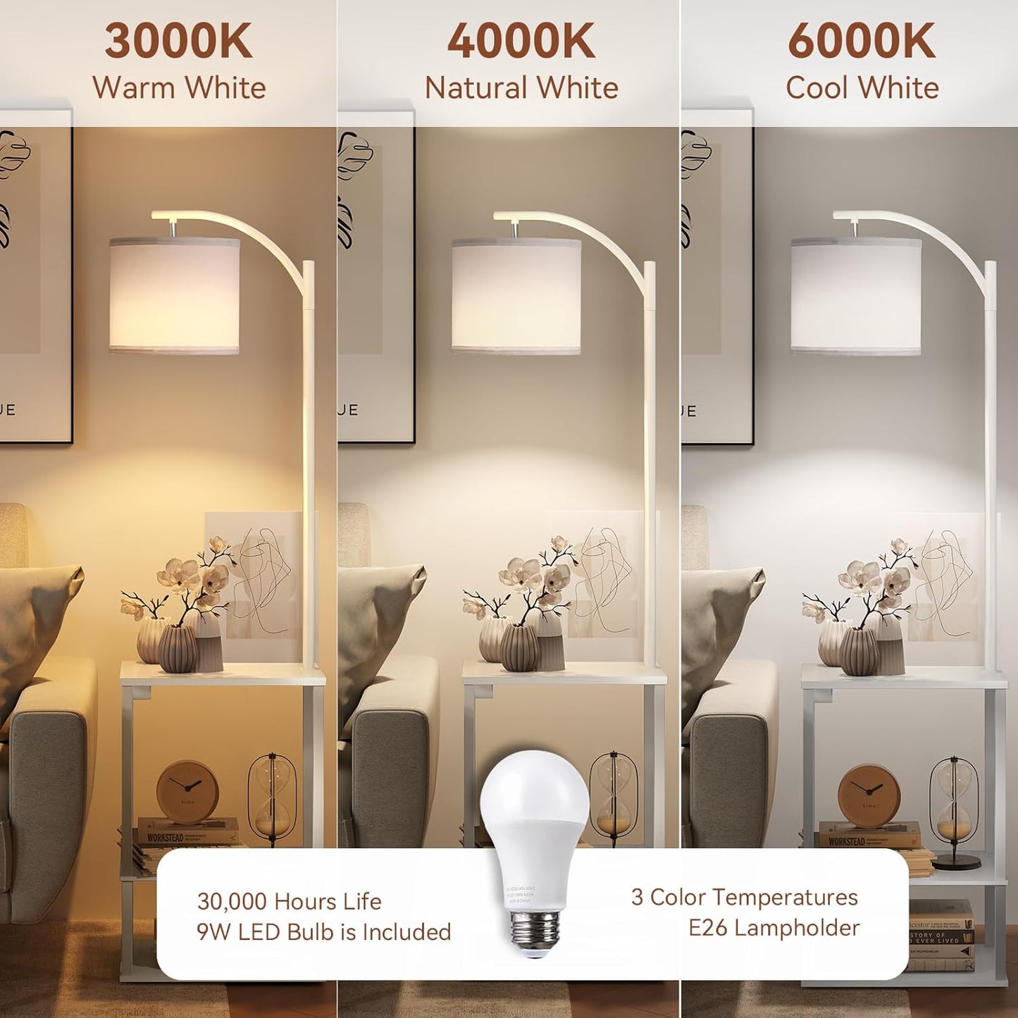 SUNMORY Floor Lamp with Table - Modern Nightstand & Charging Station | 3 Color Temperatures, USB & AC Ports