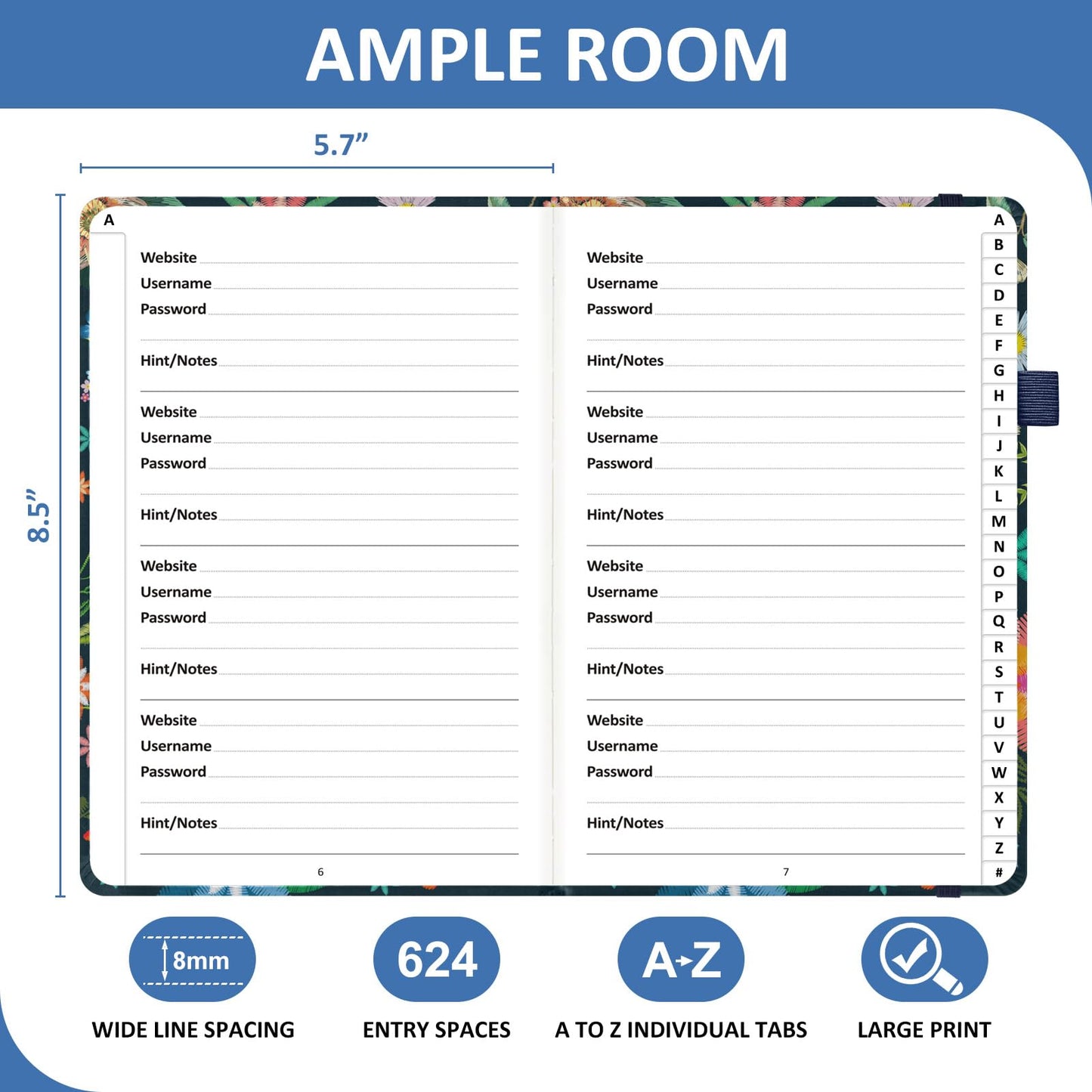 Comkiso Password Book with Individual Alphabetical Tabs Laminated, Large Print Password Keeper Book for Seniors, A5 Hardcover Internet Password Log Book to Record Website Login Details - Bloom