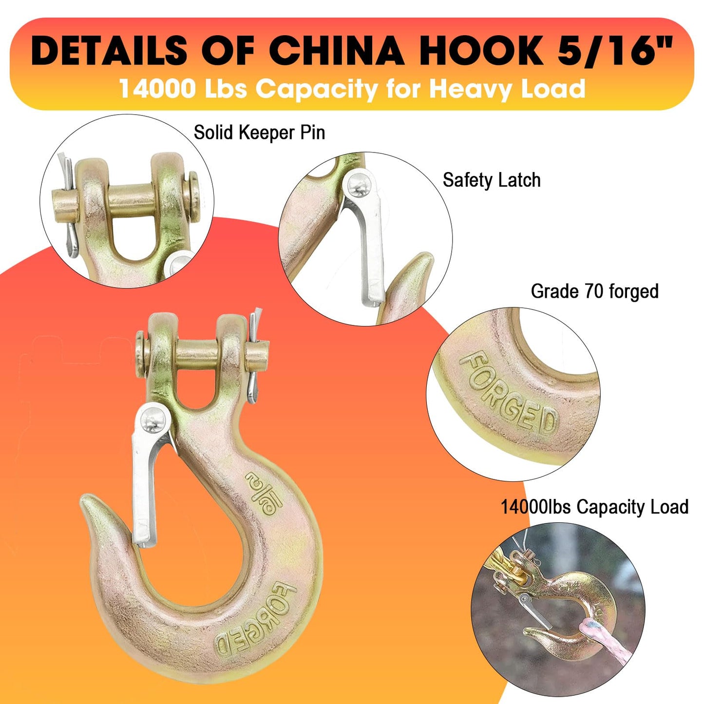 AYAYGD 5/16 Inch Clevis Slip Hook with Safety Latch, 4 Pack Heavy Duty Chain Hooks for 5/16" Trailer Safety Chain, Forged Steel G70 Clevis Hook for Trailer Truck Winch Tow, 14,000 Lbs. Capacity.