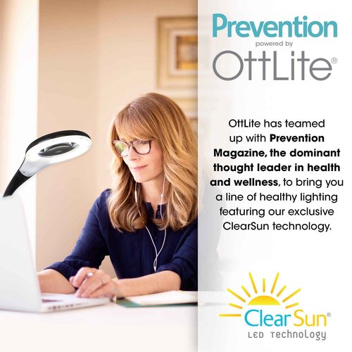 OttLite LED Desk Lamp with Adjustable Magnifier, Prevention Series - Designed to Reduce Eyestrain - Adjustable Flexible Neck, 4 Brightness Settings & Touch Controls - Crafting, Reading & Studying