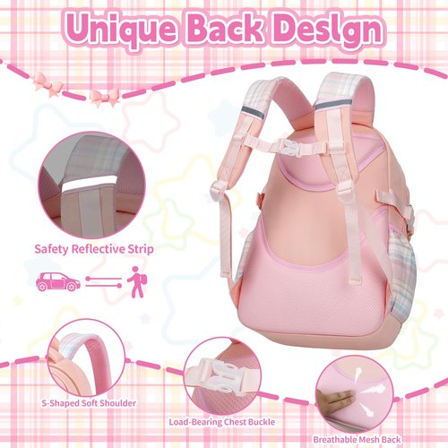 LEWKANA Girls Backpack with Lunch Box Set, 5pc Pink Cute Kawaii Bookbag for Teens, Aesthetic School Backpack for Elementary