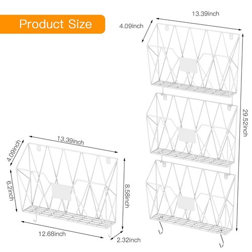 YBING Wall File Organizer White 6 Pack Mesh Hanging File Holder Organizer Metal Wire Mail Organizer Wall Mounted Office Papers Holder Hanging File Folders With Hooks