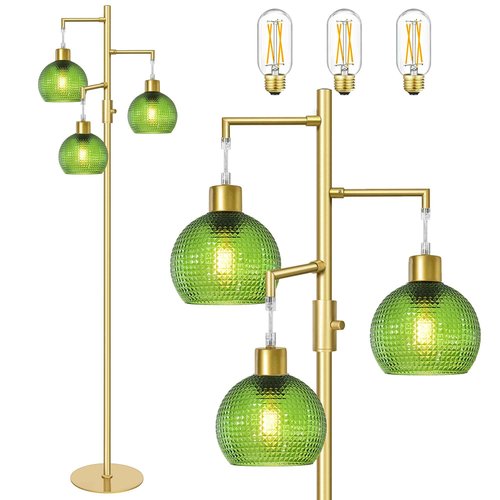 Duoled Glass Floor Lamp for Living Room, Modern Standing Lamp with Green Shade, 3 Lights Tree Lamp with 3 x 600LM Bulb, Dimmable Glass Tall Lamps for Bedroom
