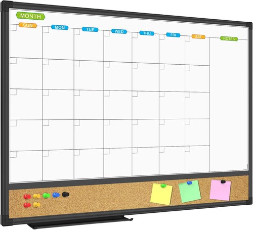 JILoffice Magnetic Calendar Whiteboard & Corkboard Combo - 24x18 Inch Black Aluminum Frame for Home, Office & School