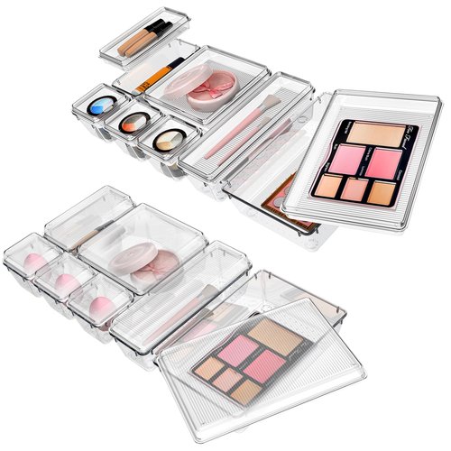 Flybok 28 Pcs Clear Acrylic Drawer Organizer Set, Upgrade Lid Design, 5 Size Bathroom Vanity Organizer Tray, Acrylic Makeup Drawer Organizer, Storage Containers for Kitchen Junk Utensils Office