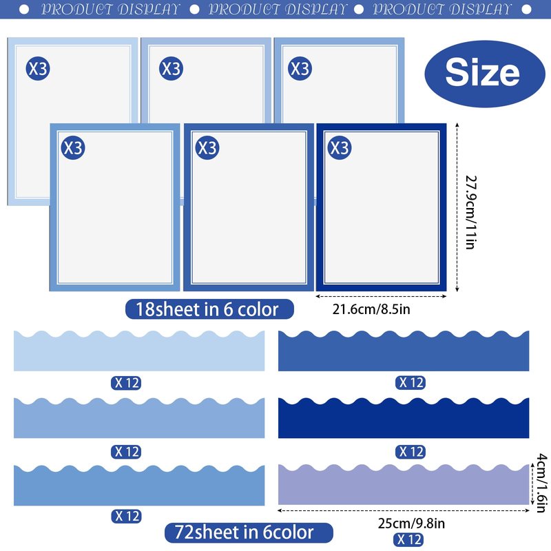 Dinifee 90 Pcs Science Fair Board Supplies Include 72 Trim Scalloped Bulletin Borders 18 Presentation Board Subtitles for Classroom Office Display(Blue)