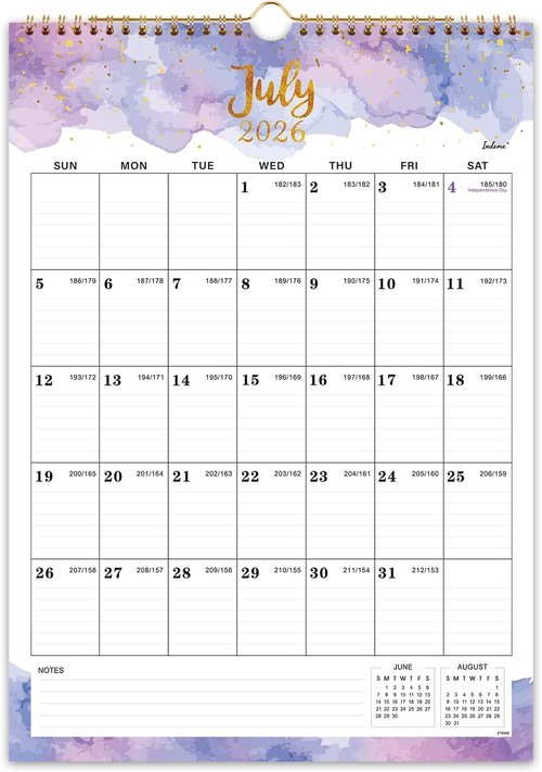 Colorful Waterink Wall Calendar 2026-2027 | 18-Month Twin-Wire Binding, 12" x 17" Size, Hanging Hook