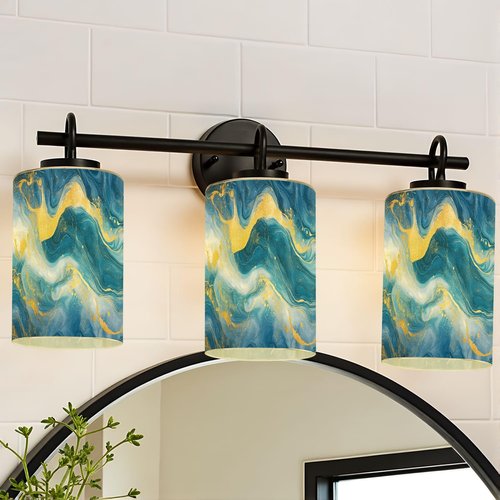 2 Pack Cylinder Glass Lamp Shade Flowing Blue Waves Gold Accents Marbled Texture Dynamic Movement Covers with 1-5/8" Fitter Opening Light Fixture Replacement for Table Lamp Bathroom Vanity Lights