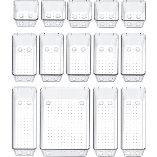 28 PCS Clear Plastic Drawer Organizer Set,4 Sizes Desk Drawer Divider Organizers and Storage Bins for Non-Slip Storage Containers for Makeup, Jewelries, Bedroom，Kitchen Utensils and Office(28)