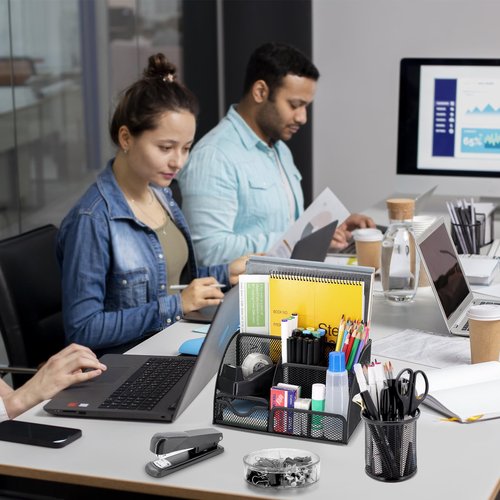 17 in 1 Black Desk Organizers and Accessories Set, 3 Office Desk Supplies Storage Organization, 4 Pens, Stapler, Staples & Remover, Tape & Dispenser, Scissors, Ruler, Clips, Hole Punch, Back to School