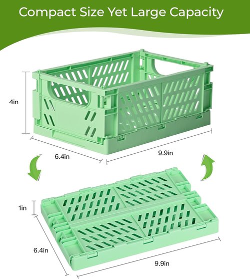 HUUSMOT Small Pastel Plastic Storage Baskets - 4-Pack Collapsible Organizing Crates | Space-Saving Mini Bins (Green, 9.8" x 6.5" x 3.8")
