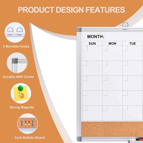 Comix Dry Erase Calendar Whiteboard Corkboard Combo, 24 * 18 inch Monthly Calendar and Bulletin Board Combination for Wall, Aluminum Frame Planner with Dry Erase Markers, Magnets, Push Pins