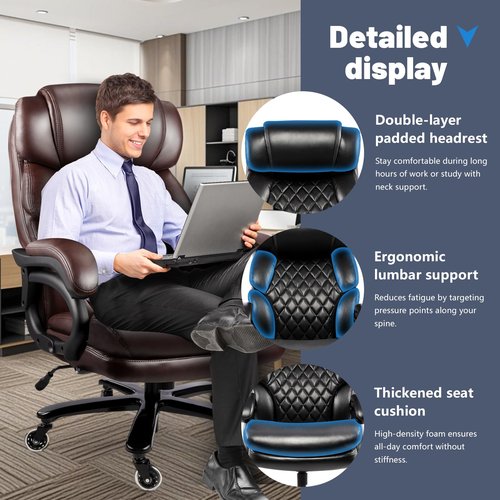 800LBS Big and Tall Office Chair for Heavy People, Heavy Duty Executive Chair with High Back, Extra Wide Seat and Adjustable Lumbar, Large Computer Desk Chair Comfortable for Home Office (Brown)