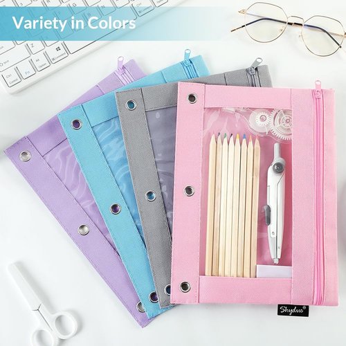 SKYDUE Pencil Pouch for 3 Ring Binder, Zipper Pencil Pouches for Girls Boys, Clear Window Pencil Case for Binder, Binder Pencil Pouch, Pencil Bag with Zipper,Pink & Purple
