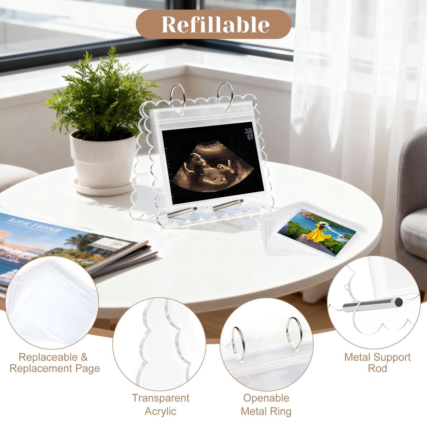 Flip Ultrasound Photo Album with Stand, Refillable Flip-Through Display for 3x4 Pictures, Acrylic Scalloped Cover, Pregnancy Gift for New Parents (Small)