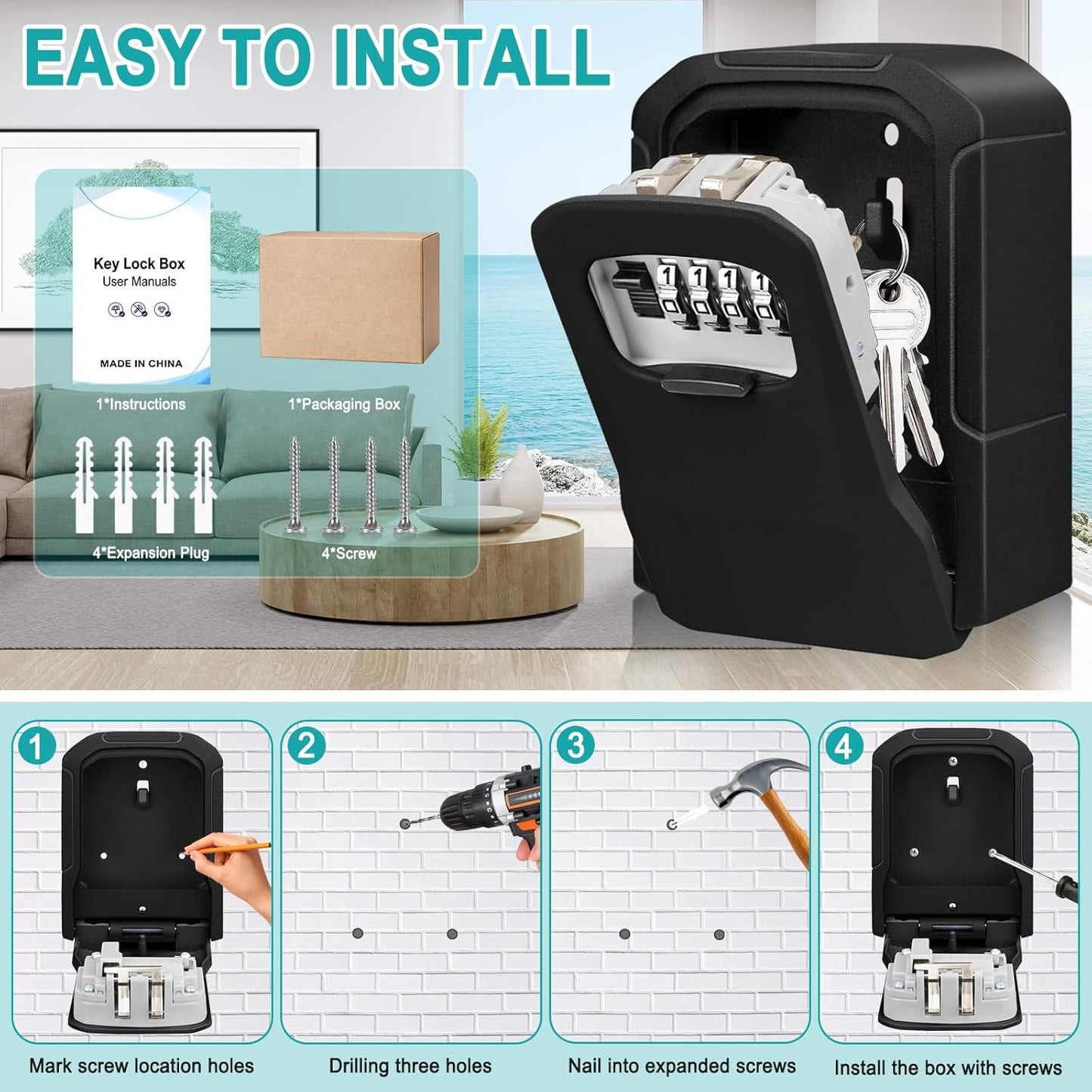 Skiennix Key Lock Box - Wall-Mounted Security Safe with Resettable Combination Lock | Ideal for Home & Office