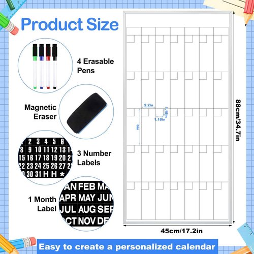 Lincia 3 Month Calendar Whiteboard 18" x 35" - Dry-Erase Planning Calendars Aluminum Framed Magnetic Board with 3 Set Magnets Labels 4 Markers & 1 Eraser for School, Classroom, Home, Office