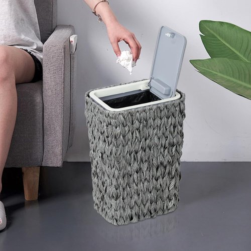 OOTDAY Trash Can with Lid, 2.6 Gallon Small Rattan Trash Can with Press Top Lid, Boho Slim Wicker Waste Basket and Hamper 2 in 1, Seagrass Woven Garbage Can Trash Basket for Living Room, Bedroom Gray