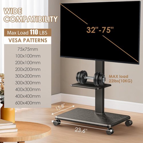 Neothm Mobile TV Stand with Wheels, Swivel Rolling TV Stand for 32-75 Inch TVs with Shelf, Landscape to Portrait, Height Adjustable Portable TV Cart with Tilt, VESA 600x400mm, 110lbs Capacity